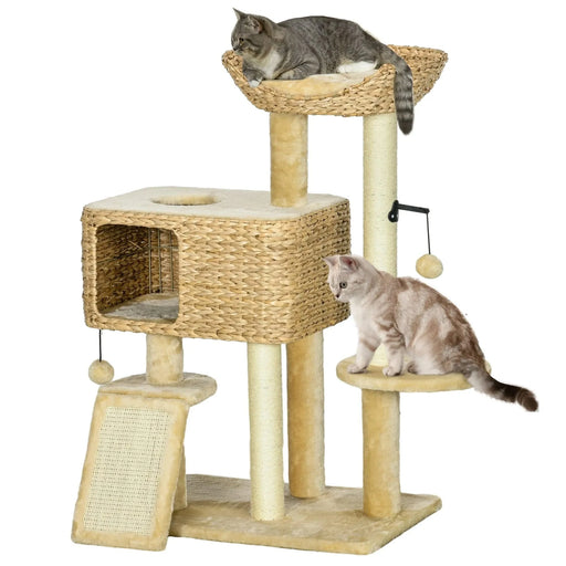 PawHut 38' Cat Tree for Indoor Cats, Cat Tower with Scratching Posts, Ramp, Condo, Toy Balls, Platform, Bed, Ramp, Beige Default -DTYStore