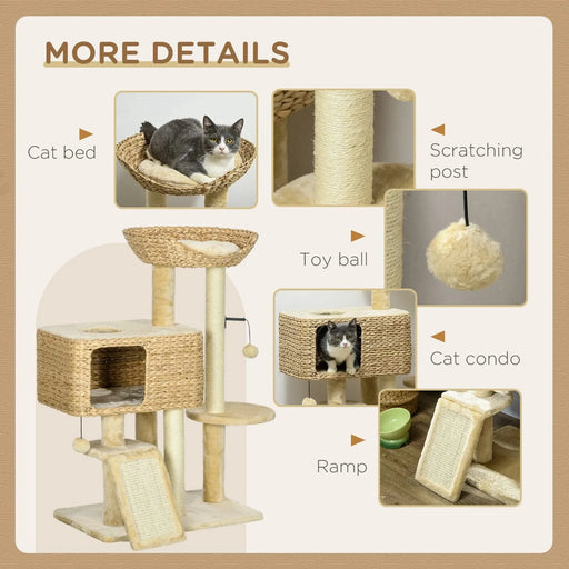 PawHut 38' Cat Tree for Indoor Cats, Cat Tower with Scratching Posts, Ramp, Condo, Toy Balls, Platform, Bed, Ramp, Beige Default -DTYStore