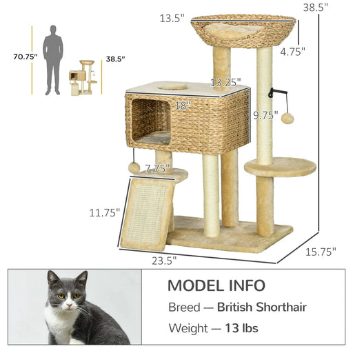 PawHut 38' Cat Tree for Indoor Cats, Cat Tower with Scratching Posts, Ramp, Condo, Toy Balls, Platform, Bed, Ramp, Beige Default -DTYStore