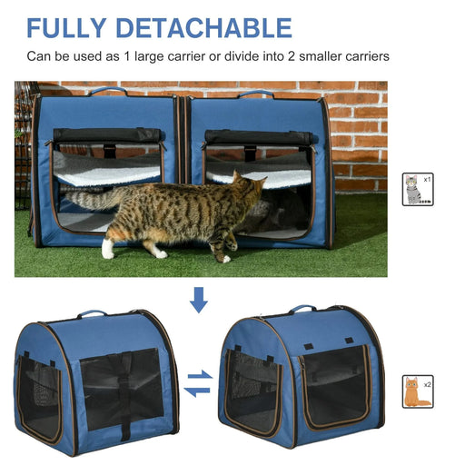 PawHut 39' Portable Soft-Sided Pet Cat Carrier with Divider, Two Compartments, Soft Cushions, & Storage Bag, Blue Default -DTYStore