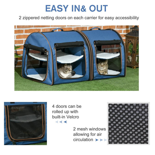 PawHut 39' Portable Soft-Sided Pet Cat Carrier with Divider, Two Compartments, Soft Cushions, & Storage Bag, Blue Default -DTYStore