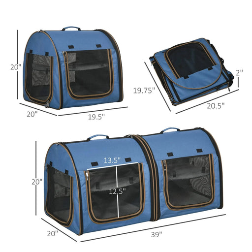 PawHut 39' Portable Soft-Sided Pet Cat Carrier with Divider, Two Compartments, Soft Cushions, & Storage Bag, Blue Default -DTYStore