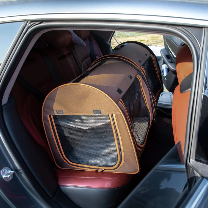 PawHut 39' Portable Soft-Sided Pet Cat Carrier with Divider, Two Compartments, Soft Cushions, & Storage Bag, Brown Default -DTYStore