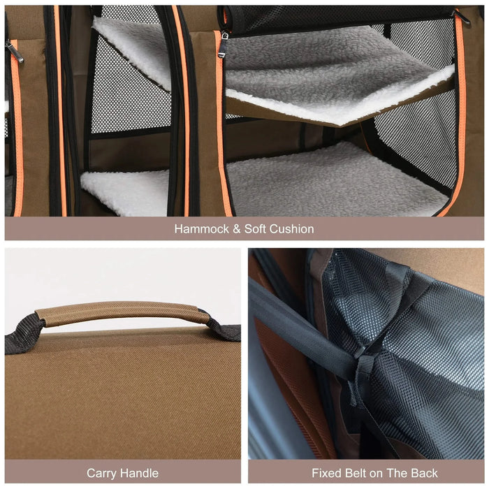 PawHut 39' Portable Soft-Sided Pet Cat Carrier with Divider, Two Compartments, Soft Cushions, & Storage Bag, Brown Default -DTYStore