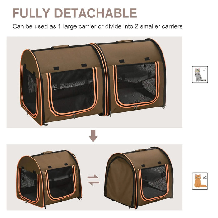 PawHut 39' Portable Soft-Sided Pet Cat Carrier with Divider, Two Compartments, Soft Cushions, & Storage Bag, Brown Default -DTYStore