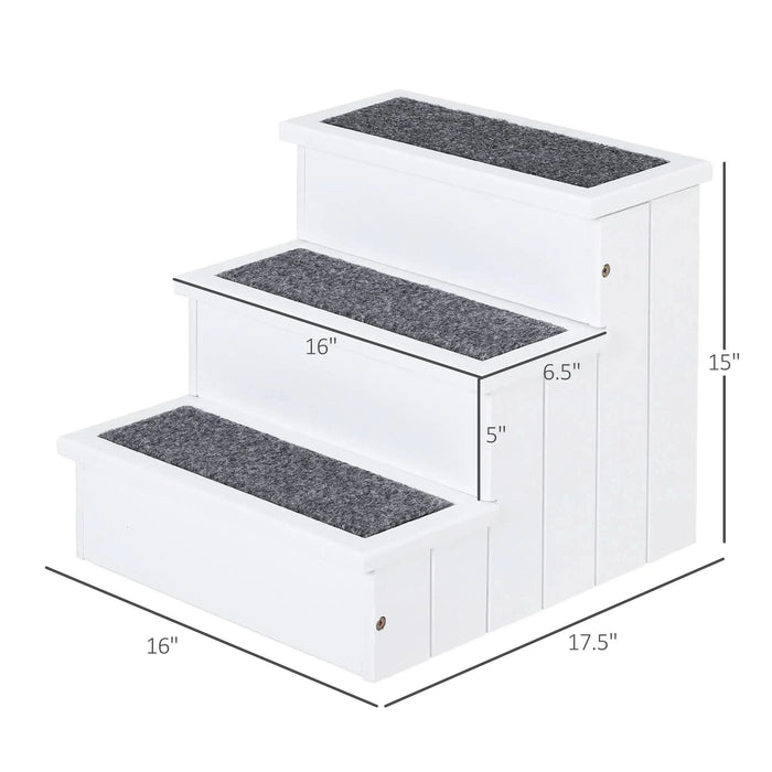 PawHut 3 Step Wooden Carpeted Non Slip Pet Stairs Ramp for Cats and Small Dogs - White - DTY Store