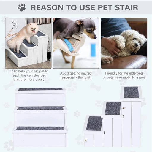 PawHut 3 Step Wooden Carpeted Non Slip Pet Stairs Ramp for Cats and Small Dogs - White Default -DTYStore