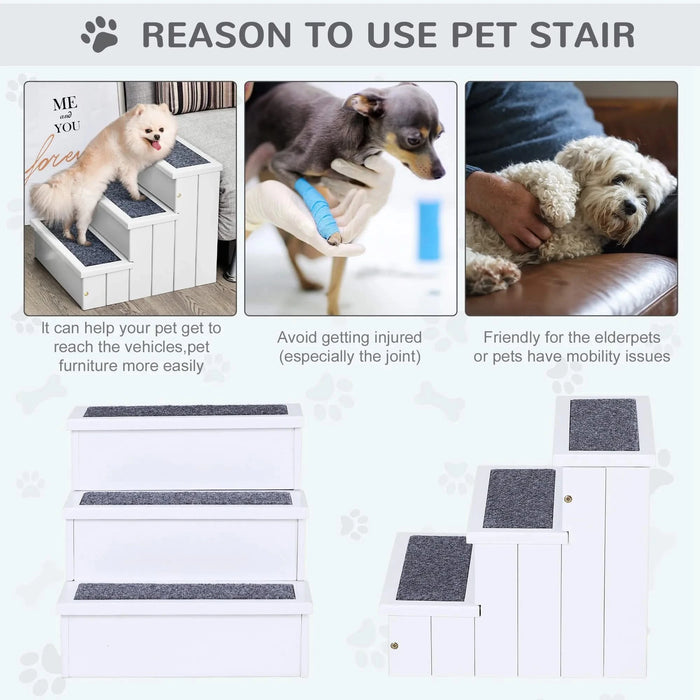 PawHut 3 Step Wooden Carpeted Non Slip Pet Stairs Ramp for Cats and Small Dogs - White Default -DTYStore