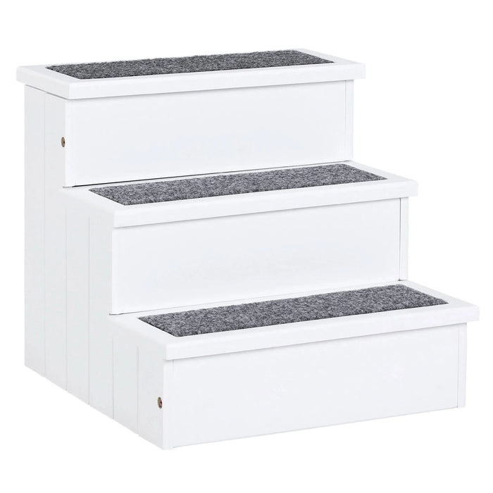 PawHut 3 Step Wooden Carpeted Non Slip Pet Stairs Ramp for Cats and Small Dogs - White - DTY Store