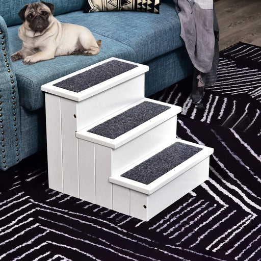 PawHut 3 Step Wooden Carpeted Non Slip Pet Stairs Ramp for Cats and Small Dogs - White Default -DTYStore