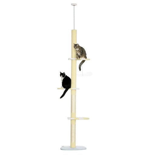 PawHut 4-Tier Tall Cat Tower, Floor to Ceiling Cat Tree, Height Adjustable 87 - 103 Inch with Plush Platforms, Sisal Scratching Posts, Toy Ball for Indoor Cats, Yellow Default -DTYStore