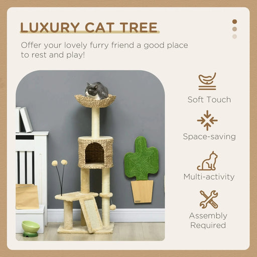PawHut 45' Cat Tree for Indoor Cats, Cat Tree Tower with Scratching Posts, Ramp, Condo, Toy Balls, Platforms, Bed, Ramp, Beige Default -DTYStore