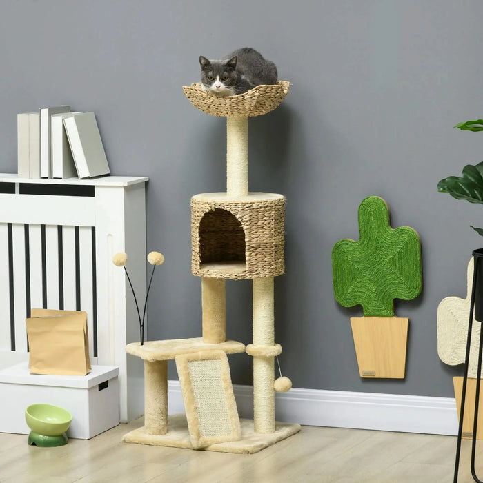 PawHut 45' Cat Tree for Indoor Cats, Cat Tree Tower with Scratching Posts, Ramp, Condo, Toy Balls, Platforms, Bed, Ramp, Beige Default -DTYStore