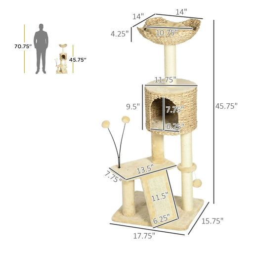PawHut 45' Cat Tree for Indoor Cats, Cat Tree Tower with Scratching Posts, Ramp, Condo, Toy Balls, Platforms, Bed, Ramp, Beige Default -DTYStore
