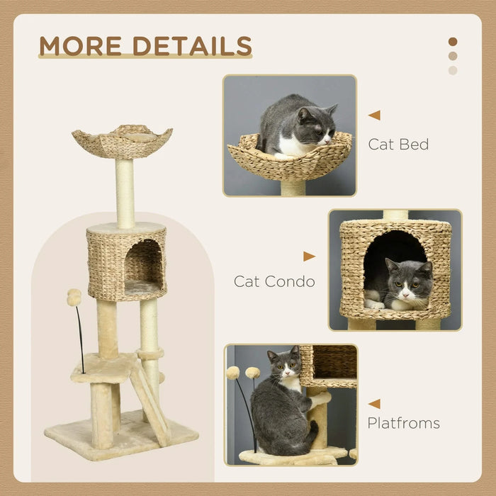 PawHut 45' Cat Tree for Indoor Cats, Cat Tree Tower with Scratching Posts, Ramp, Condo, Toy Balls, Platforms, Bed, Ramp, Beige Default -DTYStore