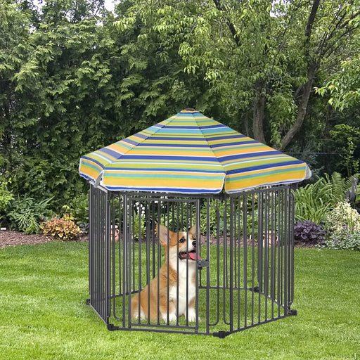 PawHut 48' x 41' Heavy-Duty Metal Dog Playpen, Outdoor Pet Cage Kennel, Puppy Exercise Fence Barrier with Weather-Resistant Polyester Roof, Locking Door, & Metal Frame Default -DTYStore
