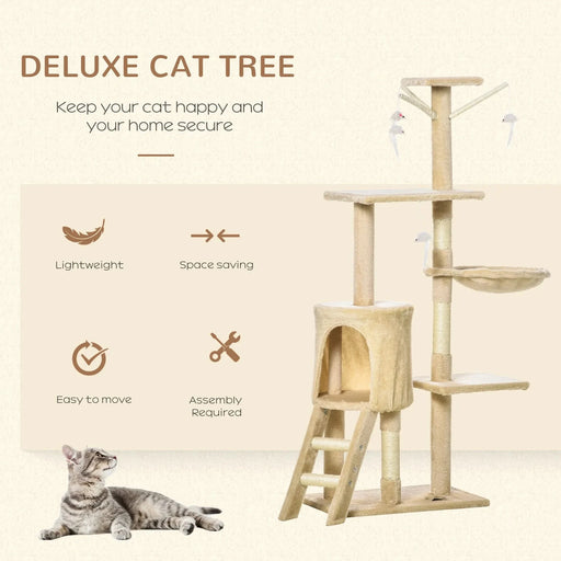 PawHut 53' Plush Sturdy Interactive Cat Condo Tower Scratching Post Activity Tree House - Beige Default -DTYStore