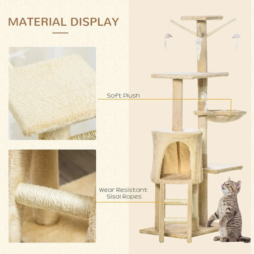 PawHut 53' Plush Sturdy Interactive Cat Condo Tower Scratching Post Activity Tree House - Beige Default -DTYStore