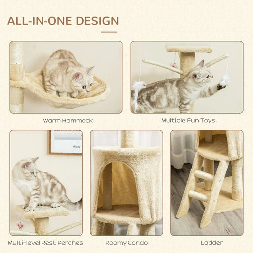PawHut 53' Plush Sturdy Interactive Cat Condo Tower Scratching Post Activity Tree House - Beige Default -DTYStore