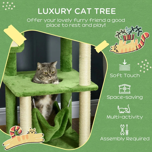 PawHut 56' Cat Tree for Indoor Cats with Hammock, Cat Tower with Scratching Post, Platforms, Play Ball and Anti-tipping Device, for Indoor Cats, Green Default -DTYStore