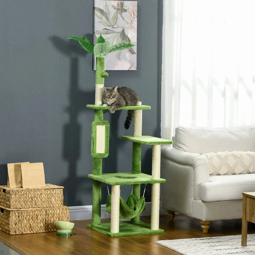PawHut 56' Cat Tree for Indoor Cats with Hammock, Cat Tower with Scratching Post, Platforms, Play Ball and Anti-tipping Device, for Indoor Cats, Green Default -DTYStore