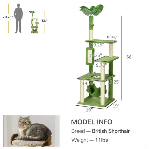 PawHut 56' Cat Tree for Indoor Cats with Hammock, Cat Tower with Scratching Post, Platforms, Play Ball and Anti-tipping Device, for Indoor Cats, Green Default -DTYStore