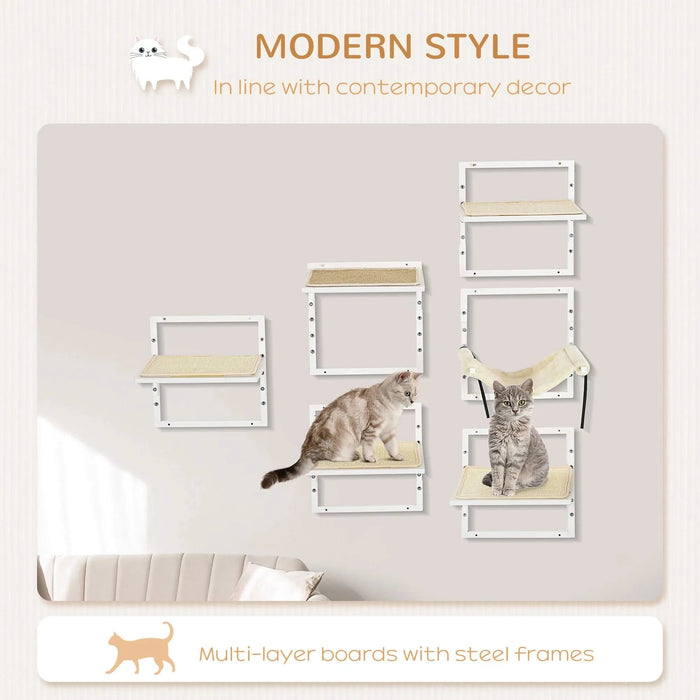 PawHut 6-pc Modern Cat Wall Shelves for Indoor Cats, Height Adjustable Jumping Platforms & Cat Hammock, Cat Shelves and Perches for Wall-Mounted Cat Tree, Cat Climbing Shelf Set, Cream Default -DTYStore