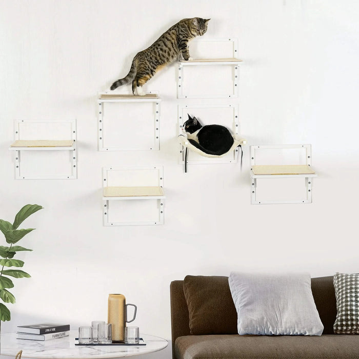 PawHut 6-pc Modern Cat Wall Shelves for Indoor Cats, Height Adjustable Jumping Platforms & Cat Hammock, Cat Shelves and Perches for Wall-Mounted Cat Tree, Cat Climbing Shelf Set, Cream Default -DTYStore