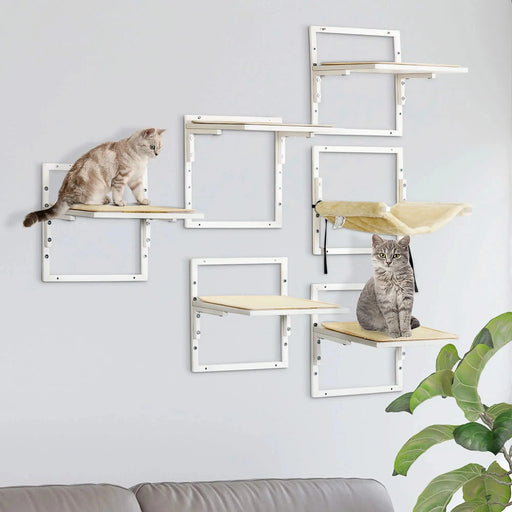 PawHut 6-pc Modern Cat Wall Shelves for Indoor Cats, Height Adjustable Jumping Platforms & Cat Hammock, Cat Shelves and Perches for Wall-Mounted Cat Tree, Cat Climbing Shelf Set, Cream Default -DTYStore