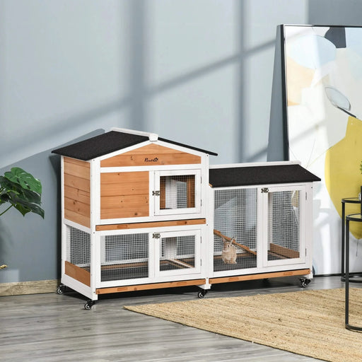 PawHut 62' Rabbit Hutch, Wooden Bunny Hutch, Guinea Pig Cage, Small Animal Enclosure with Wheels, Run Area, Removable Tray, Asphalt Roof, Lockable Doors and Ramp, Nature Wood Default -DTYStore