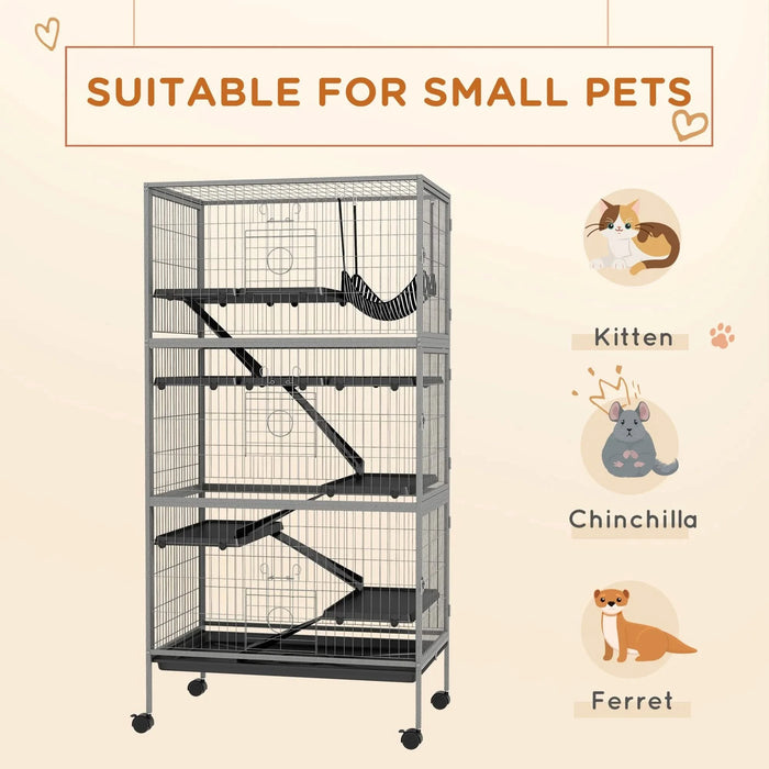 PawHut 63' 6-Tier Small Animal Cage, Ferret Cage, Large Chinchilla Cage with Hammock Accessory & Heavy-Duty Steel Wire, Small Animal Habitat with 6 Doors, Removable Tray, Gray Default -DTYStore