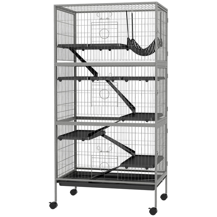 PawHut 63' 6-Tier Small Animal Cage, Ferret Cage, Large Chinchilla Cage with Hammock Accessory & Heavy-Duty Steel Wire, Small Animal Habitat with 6 Doors, Removable Tray, Gray Default -DTYStore