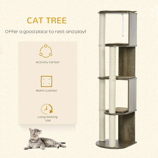 PawHut 65' Corner Modern Cat Tree Tall for Climbing, Large Multilevel Cat Tower with Scratching Posts, Small-Fit Kitten Tower with Sisal, Cream White Default -DTYStore