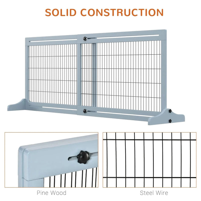 PawHut 72' W x 27.25' H Extra Wide Freestanding Pet Gate with Adjustable Length Dog, Cat, Barrier for House, Doorway, Hallway, Blue-grey - DTY Store