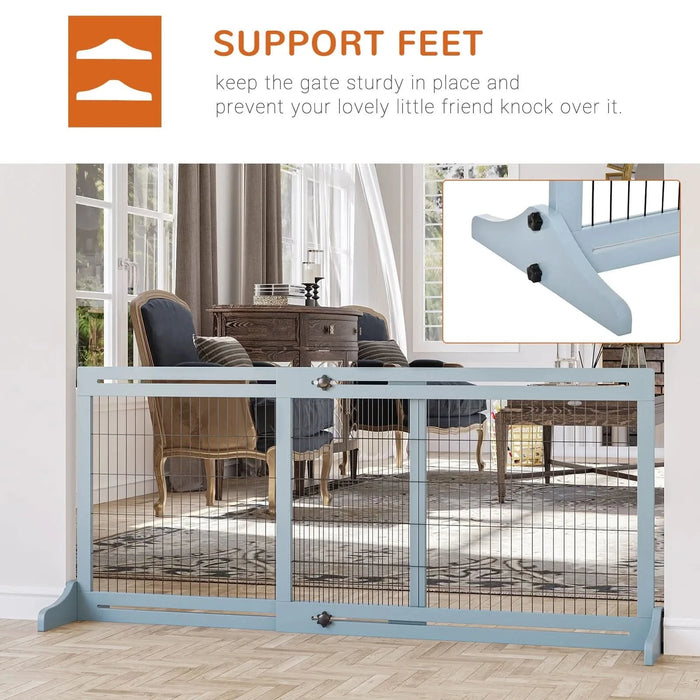 PawHut 72' W x 27.25' H Extra Wide Freestanding Pet Gate with Adjustable Length Dog, Cat, Barrier for House, Doorway, Hallway, Blue-grey - DTY Store