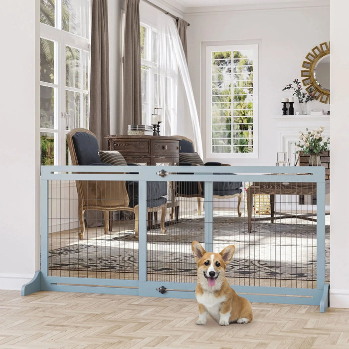 PawHut 72' W x 27.25' H Extra Wide Freestanding Pet Gate with Adjustable Length Dog, Cat, Barrier for House, Doorway, Hallway, Blue-grey - DTY Store