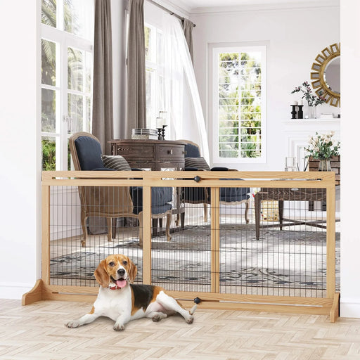 PawHut 72' W x 27.25' H Extra Wide Freestanding Pet Gate with Adjustable Length Dog, Cat, Barrier for House, Doorway, Hallway, Natural Default -DTYStore
