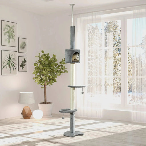 PawHut 85.5' Cat Tree Height Adjustable Floor-to-Ceiling 4-Tier Kitty Climbing Activity Center Condo Cat Toy with Scratching Post Hanging Balls Play Rest Post Pet Furniture Grey Default -DTYStore
