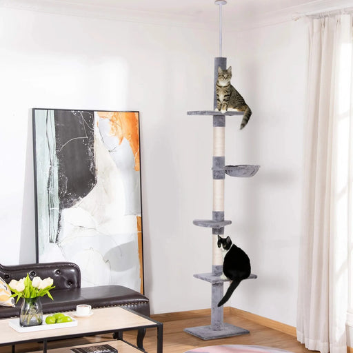 PawHut 9' Adjustable Height Floor-To-Ceiling Vertical Cat Tree - Grey and White Default -DTYStore