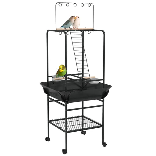 PawHut Bird Stand with Wheels, Parrot Stand with Perches, Stainless Steel Feed Bowls, Pull-Out Tray, Toy Hanger, Bird Play Stand for Indoor Outdoor Small Parrot, Dark Gray Default -DTYStore