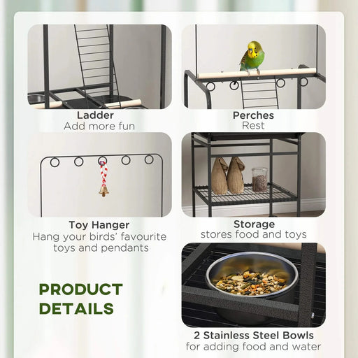 PawHut Bird Stand with Wheels, Parrot Stand with Perches, Stainless Steel Feed Bowls, Pull-Out Tray, Toy Hanger, Bird Play Stand for Indoor Outdoor Small Parrot, Dark Gray Default -DTYStore