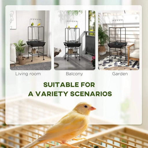 PawHut Bird Stand with Wheels, Parrot Stand with Perches, Stainless Steel Feed Bowls, Pull-Out Tray, Toy Hanger, Bird Play Stand for Indoor Outdoor Small Parrot, Dark Gray Default -DTYStore