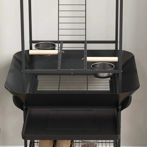 PawHut Bird Stand with Wheels, Parrot Stand with Perches, Stainless Steel Feed Bowls, Pull-Out Tray, Toy Hanger, Bird Play Stand for Indoor Outdoor Small Parrot, Dark Gray Default -DTYStore