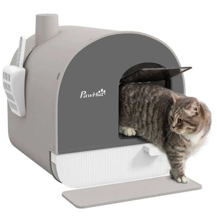 PawHut Cat Litter Box with Lid, Covered Litter Box for Indoor Cats with Tray, Scoop, Filter, 17' x 17' x 18.5', Light Gray - DTY Store