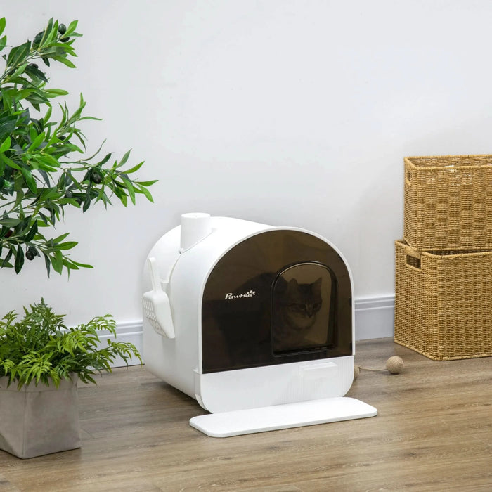 PawHut Cat Litter Box with Lid, Covered Litter Box for Indoor Cats with Tray, Scoop, Filter, 17' x 17' x 18.5', White - DTY Store
