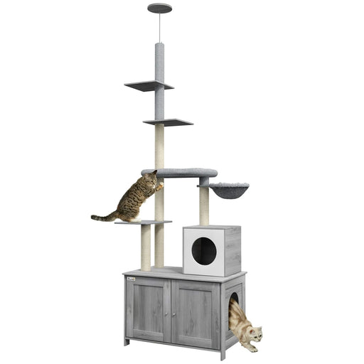 PawHut Cat Tree with Litter Box Enclosure, 2 in 1 Floor to Ceiling Cat Tower Litter Box Furniture with Condo, Bed, Hammock, Scratching Posts, and Platforms for Indoor Use, Gray Default -DTYStore
