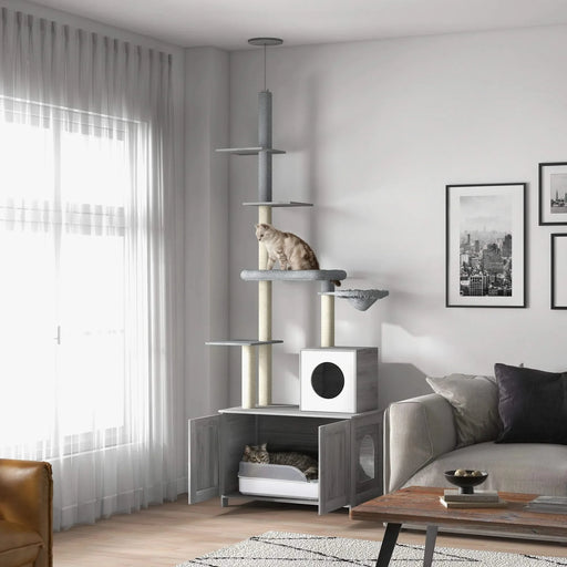 PawHut Cat Tree with Litter Box Enclosure, 2 in 1 Floor to Ceiling Cat Tower Litter Box Furniture with Condo, Bed, Hammock, Scratching Posts, and Platforms for Indoor Use, Gray Default -DTYStore