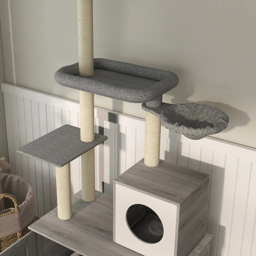 PawHut Cat Tree with Litter Box Enclosure, 2 in 1 Floor to Ceiling Cat Tower Litter Box Furniture with Condo, Bed, Hammock, Scratching Posts, and Platforms for Indoor Use, Gray Default -DTYStore