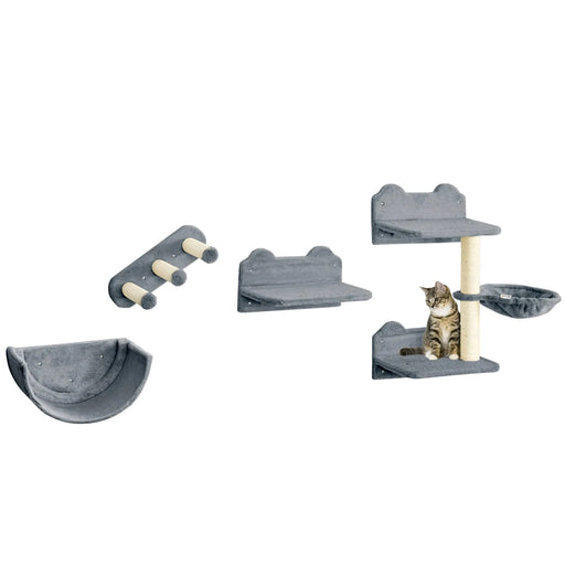 PawHut Cat Wall Shelves, 4 Pcs Cat Wall Furniture Cat Climbing Shelf with Cat Hammock, 3 Steps, Perches, Scratching Post, for Sleeping, Playing, Gray Default -DTYStore