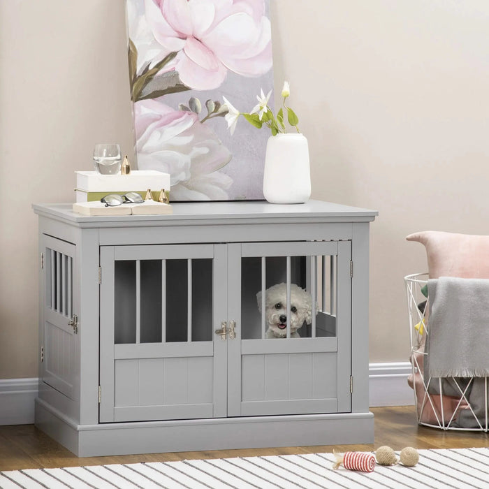 PawHut Dog Crate End Table with Triple Doors, Wooden Dog Crate Furniture Indoor Use, Puppy Crate with and Steel Tubes, for Small Dogs, Pewter Gray Default -DTYStore